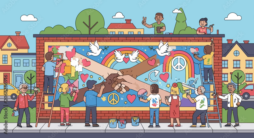 Obraz premium Diverse Community Painting Unity Mural Together