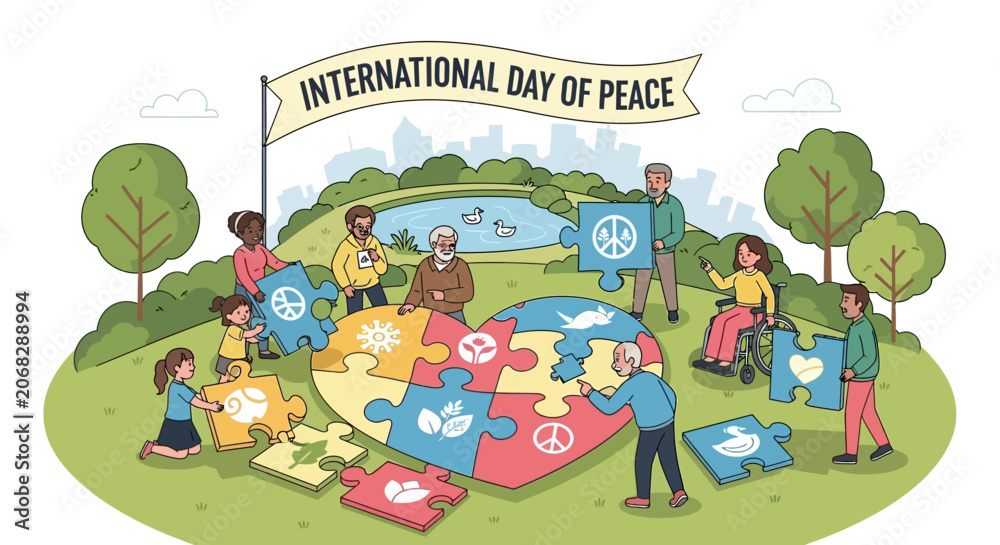 Naklejka premium International Day of Peace Concept with Diverse People Assembling Heart Puzzle