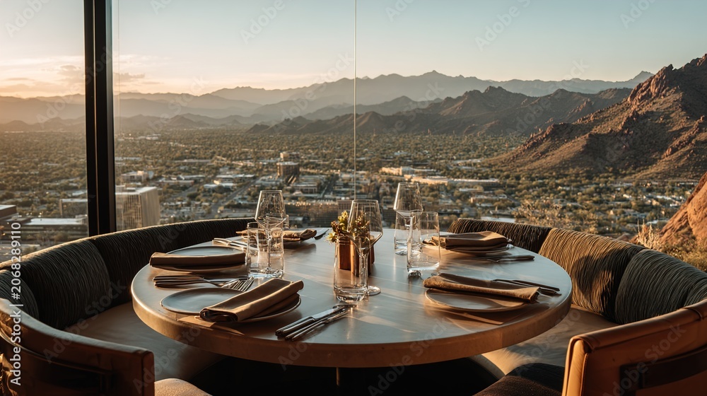 Fototapeta premium Dining table with mountain view, elegant restaurant setting