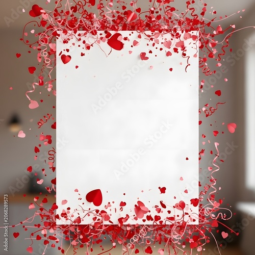 Confetti hearts frame a blank white vertical space suitable for romantic announcements or greeting cards.