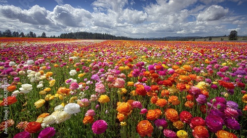 Vibrant colorful flower field landscape with cloudy sky