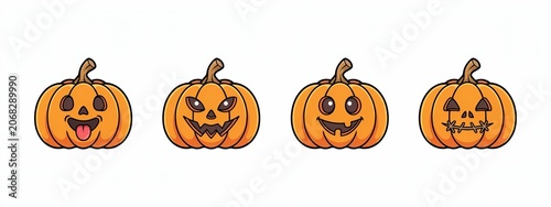 Set of four cute halloween pumpkins with different faces