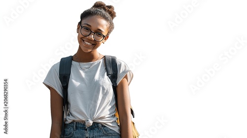 Smiling young woman with backpack and glasses isolated on white