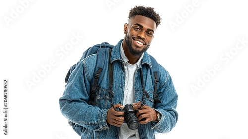 Smiling photographer with camera and backpack isolated on white