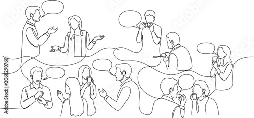 Diverse group of people in casual conversation, some holding drinks, abstract illustration.