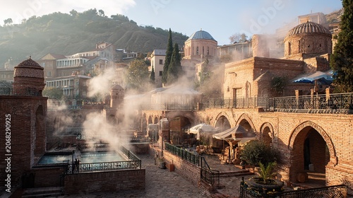 Steam rising from hot springs resort town with ancient architecture