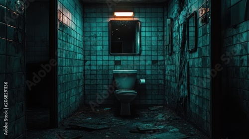 Abandoned bathroom teal square tiles spooky atmosphere