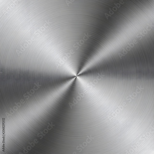 Metal surface features a circular brushed texture that creates a dynamic light reflection pattern across the polished steel material.