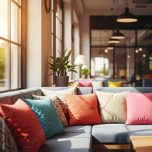 Living room interior features a comfortable grey sofa decorated with vibrant colorful pillows bathed in warm afternoon sunlight.