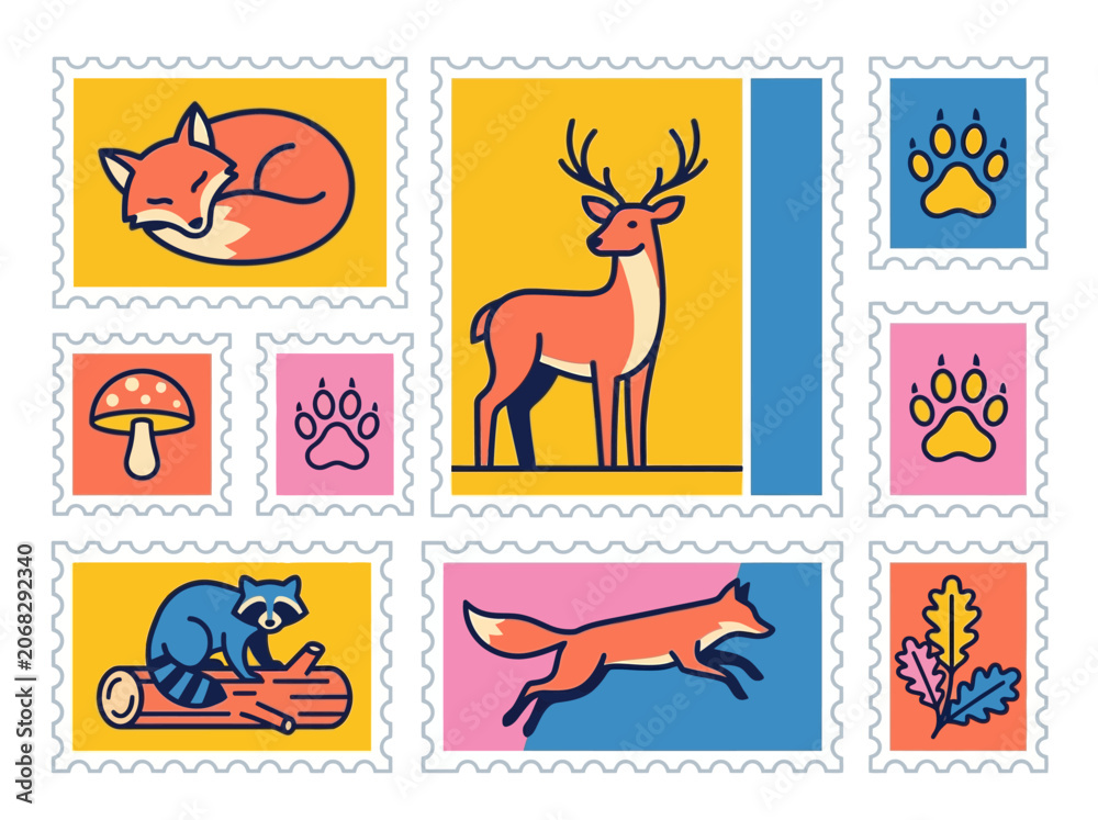 Fototapeta premium Minimalist woodland animal postage stamp set with fox, deer, and raccoon line art. Modern nature-themed graphics for stationery and mail design.