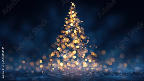Golden Christmas tree with bokeh lights on dark background