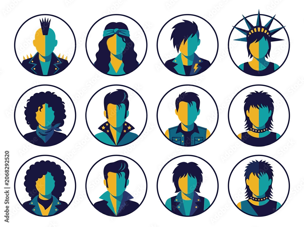 Fototapeta premium Set of 12 Stylized Subculture Avatar Icons Featuring Punk, Rock, and Retro Music Fashion in Minimalist Teal and Yellow Flat Design