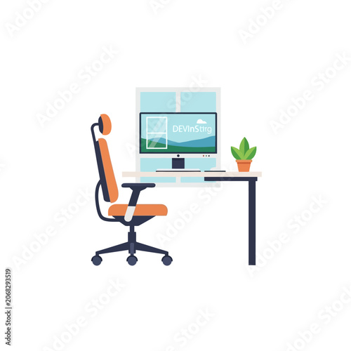 Minimalist home office setup featuring a computer and ergonomic chair next to a window with a plant