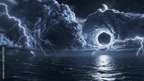 Dramatic lightning strikes the ocean during a powerful storm