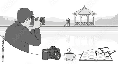 A photographer capturing a wedding couple near a gazebo.