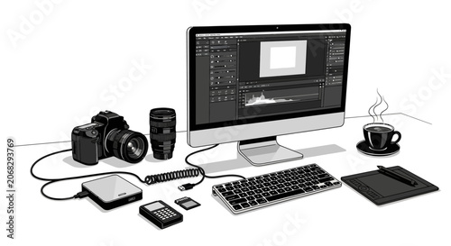 A professional photography and video editing workstation setup with computer and camera equipment.