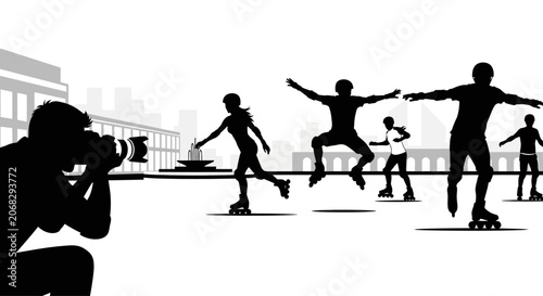 A photographer capturing a group of people roller skating in a city square.