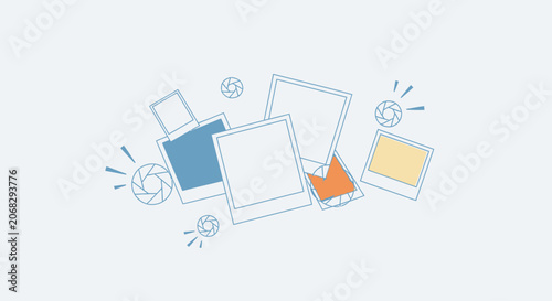 A collection of blank polaroid photo frames arranged with camera lens icons.