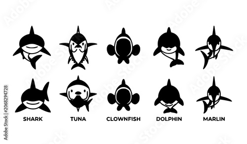 Quadro em tela Flat Marine Animal Icon Set of Ocean Fish and Sea Creatures in Minimal Design Is