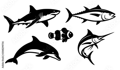 Quadro em tela Marine Animal Badge Style Vector Collection Featuring Ocean Fish and Sea Creatur