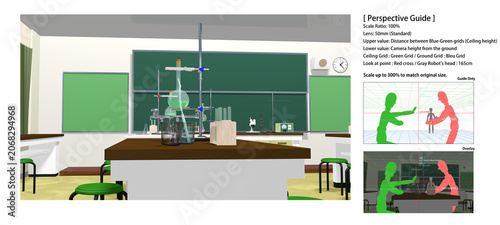Foto アニメーションの背景に使える【学校の理科室】
（本作品は 3Dソフトを用いて数学的に正確なパースで制作しております。 昨今の生成 AI画像との識別の助けとなり、
