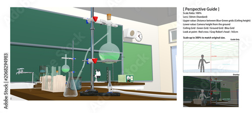 Foto アニメーションの背景に使える【学校の理科室】
（本作品は 3Dソフトを用いて数学的に正確なパースで制作しております。 昨今の生成 AI画像との識別の助けとなり、