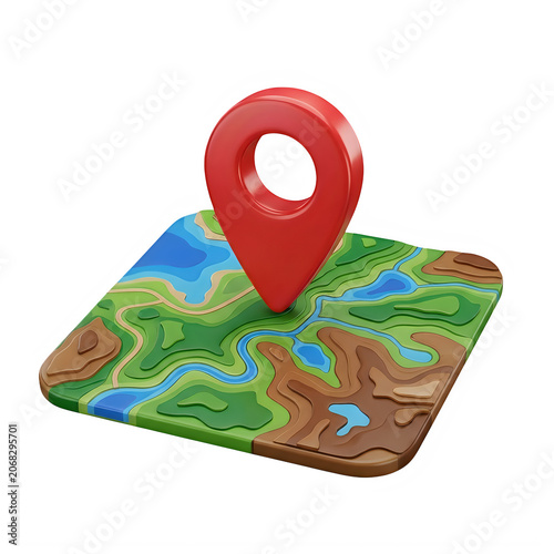 Red map pin location marker icon on a stylized 3d topographic terrain map isolated on transparent background