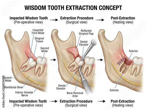 Wisdom tooth extraction surgical procedure illustration isolated on white background