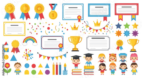 School reward icons and diverse graduating children collection