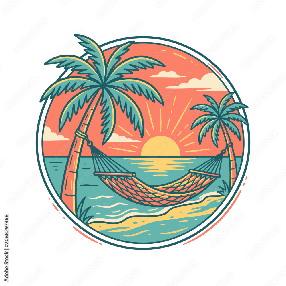 Obraz premium Circular tropical beach scene with hammock and palms.