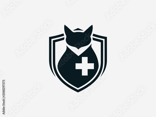 Cat Shield Medical Cross black vector logo illustration white background