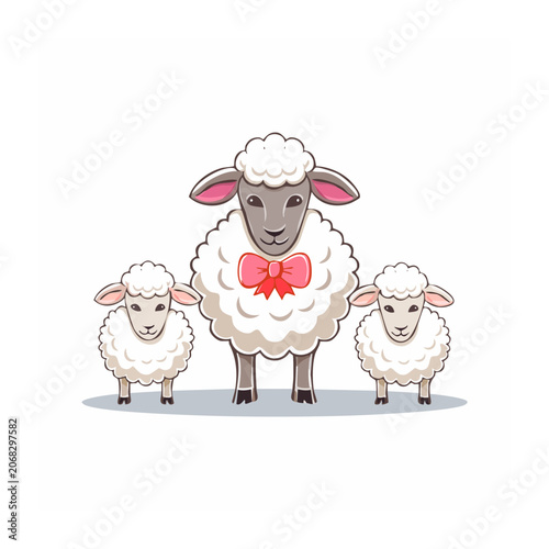 Cute cartoon sheep family with a pink bow