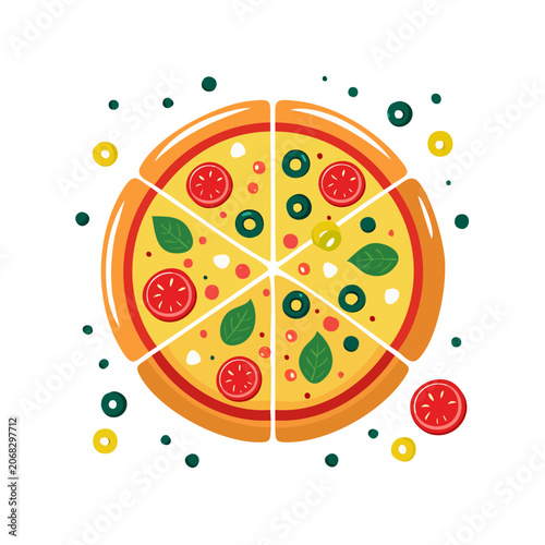 Flat vector illustration of sliced pizza with toppings