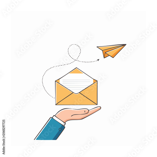 Hand holding envelope with paper airplane illustration