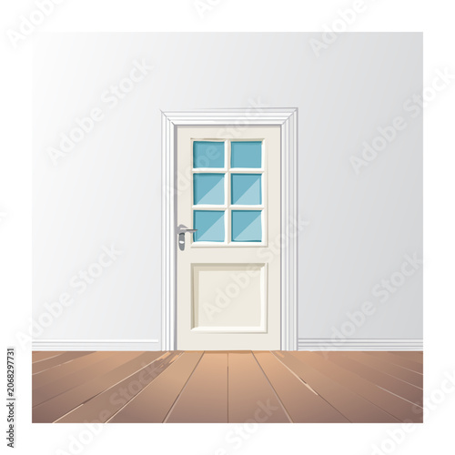 Interior door with glass panes and wooden floor