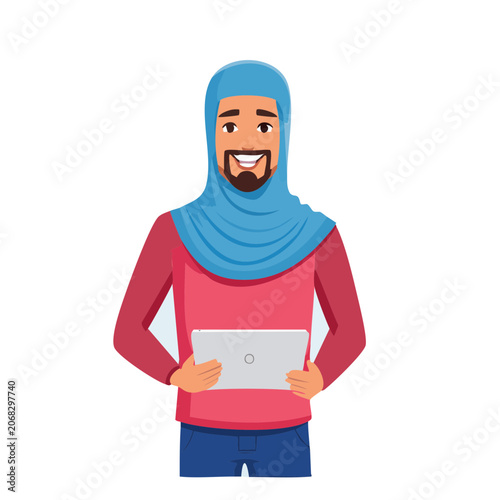 Man in hijab holding tablet, flat vector illustration