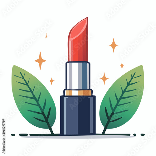 Red Lipstick with Green Leaves and Sparkles