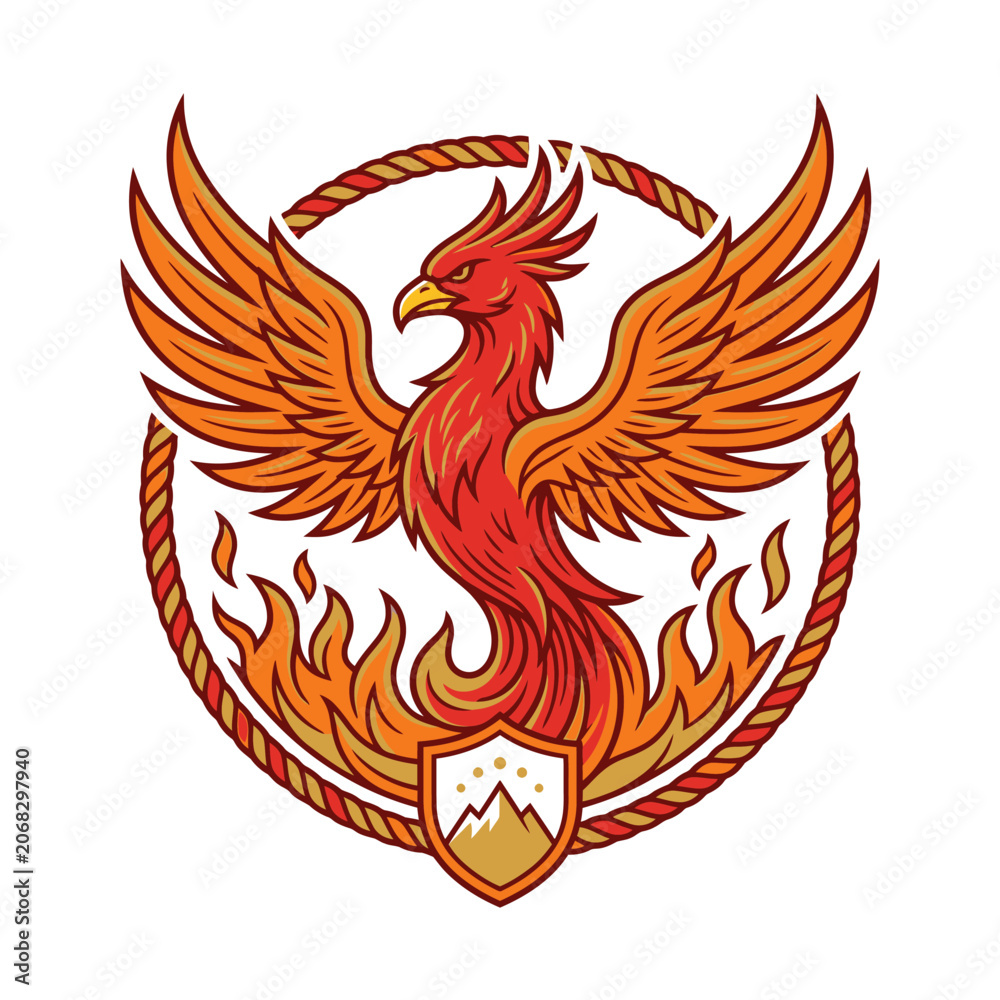 Fototapeta premium Phoenix emblem with flames and mountain peaks.