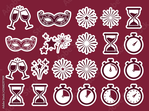 Photography New Year's Eve Celebration Icon Set with Champagne, Masks, and Timers