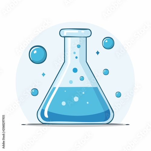 Cartoon Flask with Blue Liquid and Bubbles