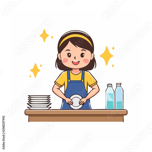 Cartoon girl washing dishes in kitchen
