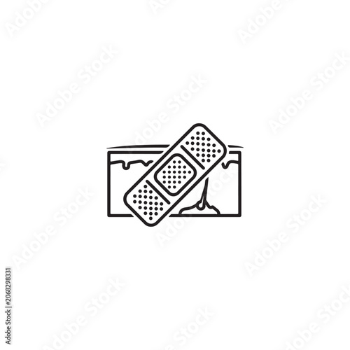 Adhesive bandage over skin surface with hair follicle medical line icon.