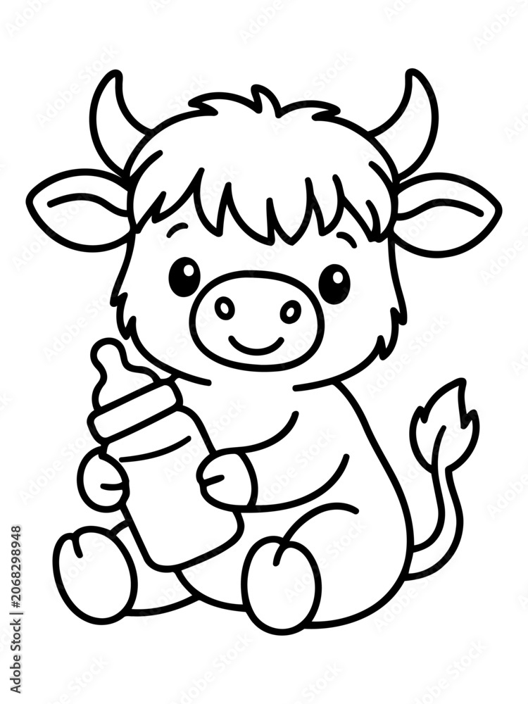 Fototapeta premium Baby yak with milk bottle: A cute, cartoon-style illustration of a baby yak sitting and holding a milk bottle, with a sweet and innocent expression.