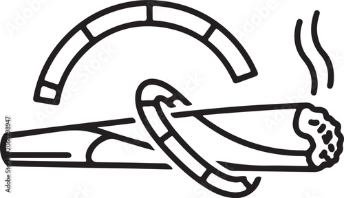 Cannabis joint, cigarette and marijuana leaf line art icon illustration.
