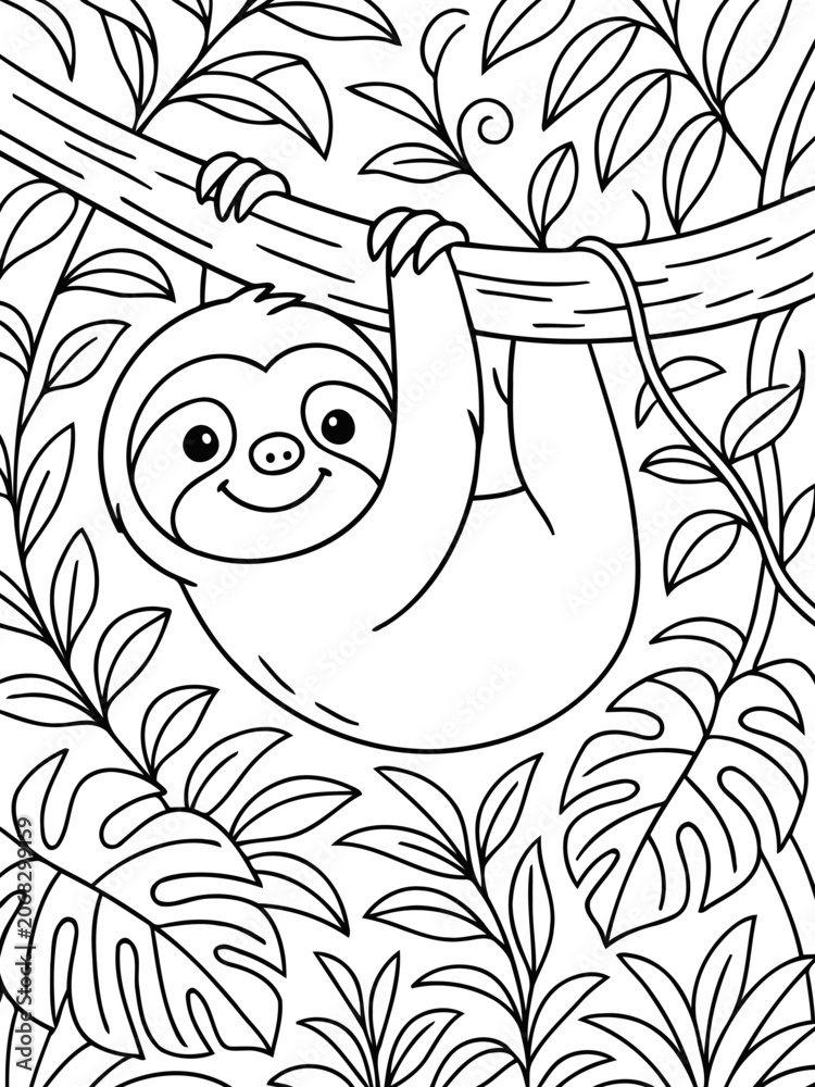 Fototapeta premium Happy Sloth Hanging on a Branch: A cute, smiling sloth hangs from a tree branch amidst lush jungle foliage, rendered in a simple, charming outline style, perfect for coloring.