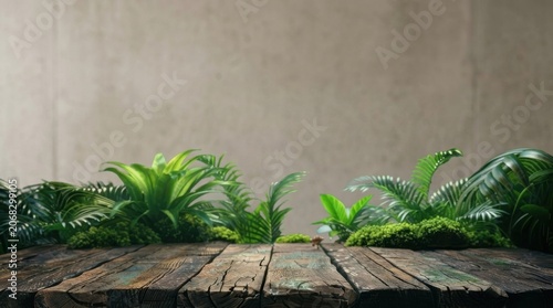 Lush Greenery and Wood Table in Serene Natural Setting