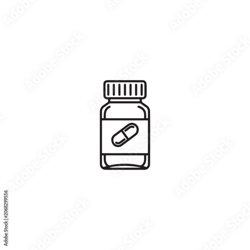 Medicine bottle with capsule icon on label, medical container and drug.