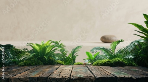 Lush Green Plants on Wooden Table with Neutral Background