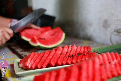 Obraz na plátně Sliced watermelon red fruit juicy fresh summer dessert healthy sweet kitchen han