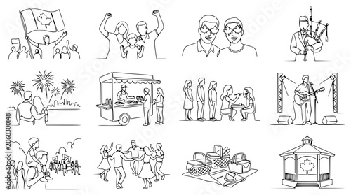 Cuadro en lienzo Canada Day Celebration Line Art Collection: Festival, Picnic, Music, Fireworks